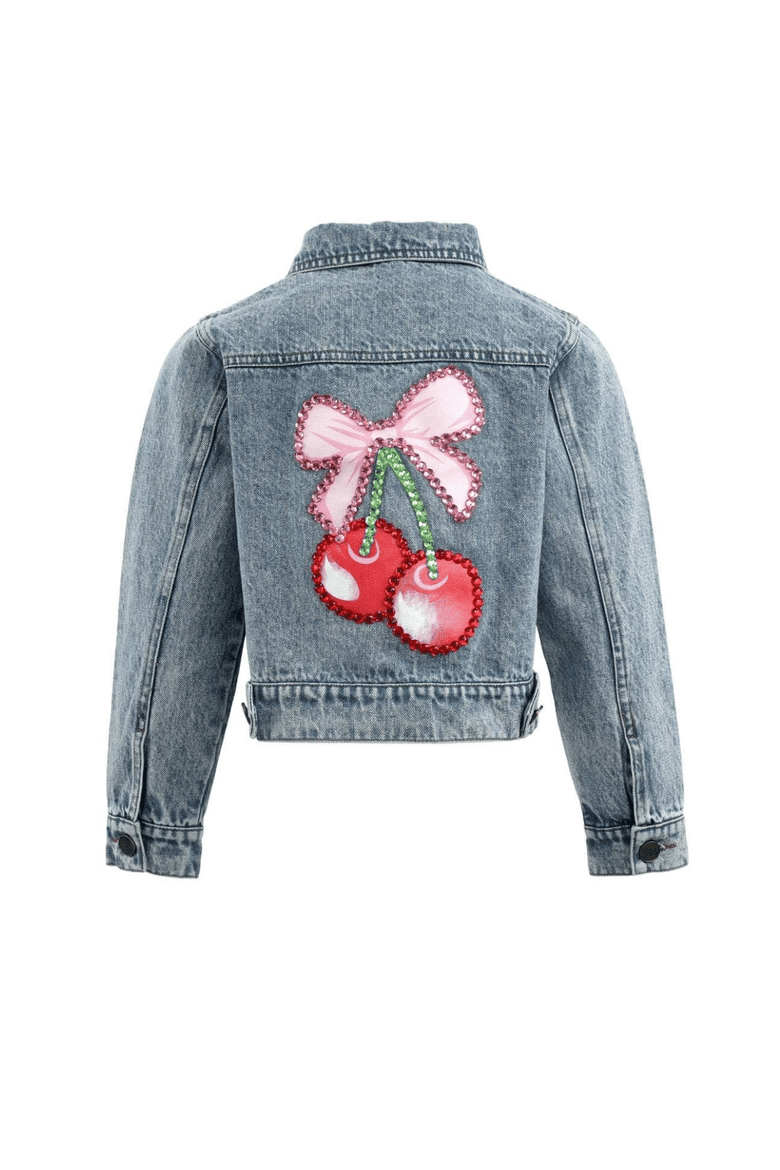 Crystal Cherry Bow Denim Jacket, Main, color, Blue