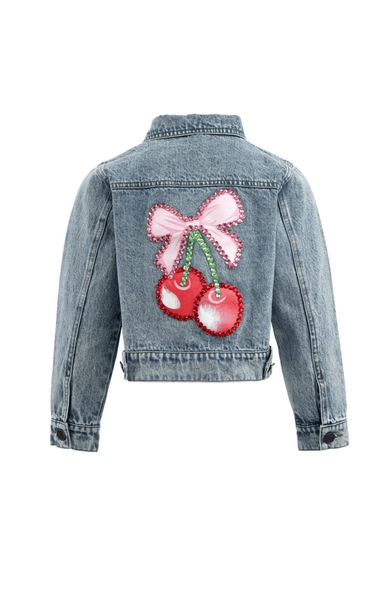 Lola + The Boys Crystal Cherry Bow Denim Jacket, Main, color, Blue