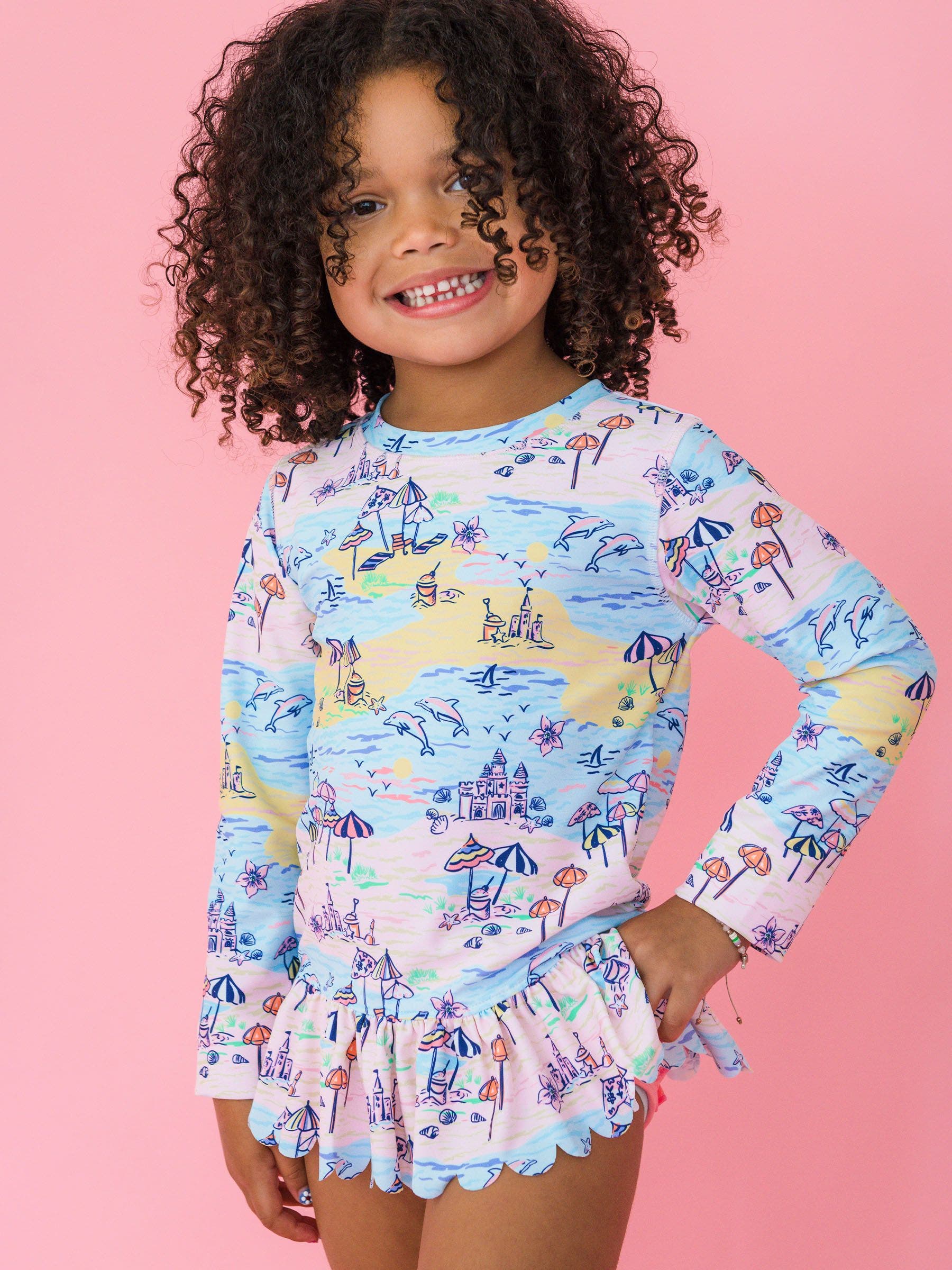 RuffleButts Girls UPF50+ Sun Protected Scallop Hem Long Sleeve Rash ...