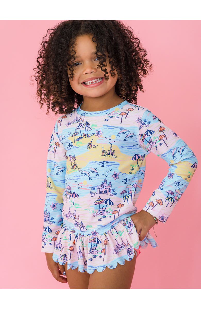 RuffleButts Girls UPF50+ Sun Protected Scallop Hem Long Sleeve Rash Guard Bikini, Alternate, color, Beach Day