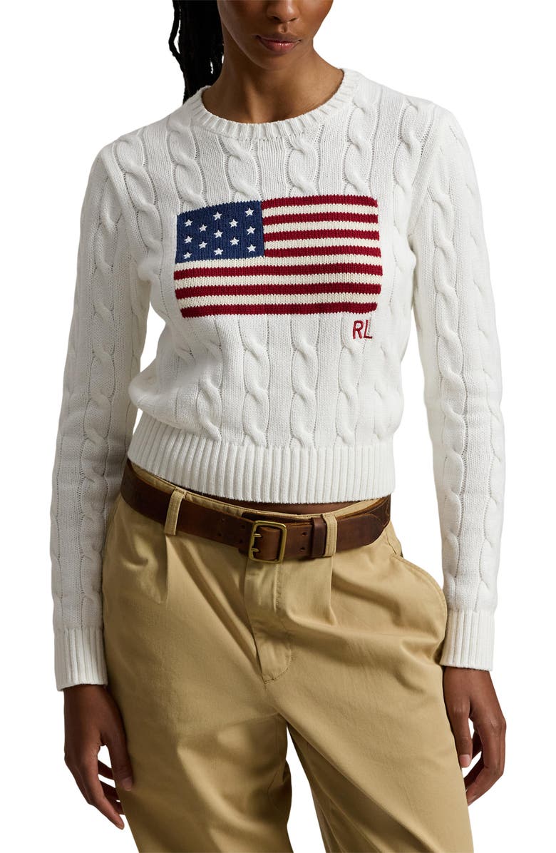 Polo Ralph Lauren Flag Intarsia Cable Stitch Crewneck Sweater, Main, color, Ceramic White