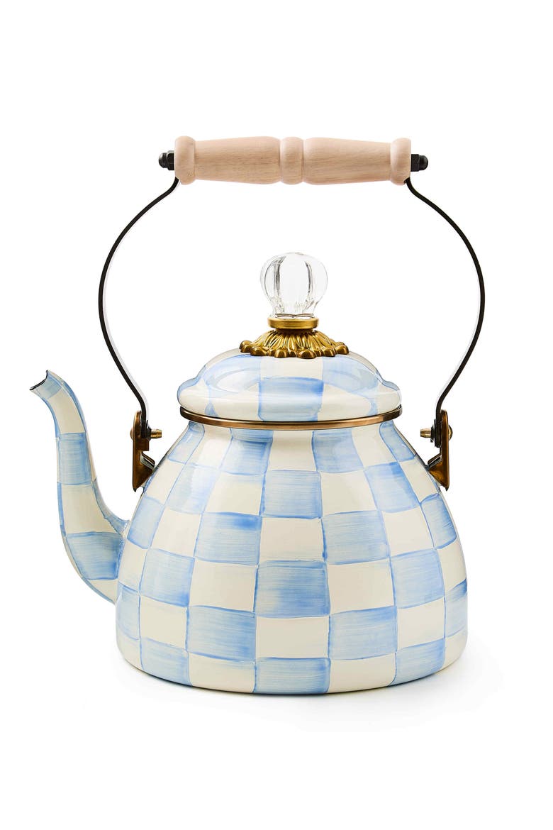 Sky Check Enameled Steel 2-Quart Tea Kettle, Main, color, SKY CHECK