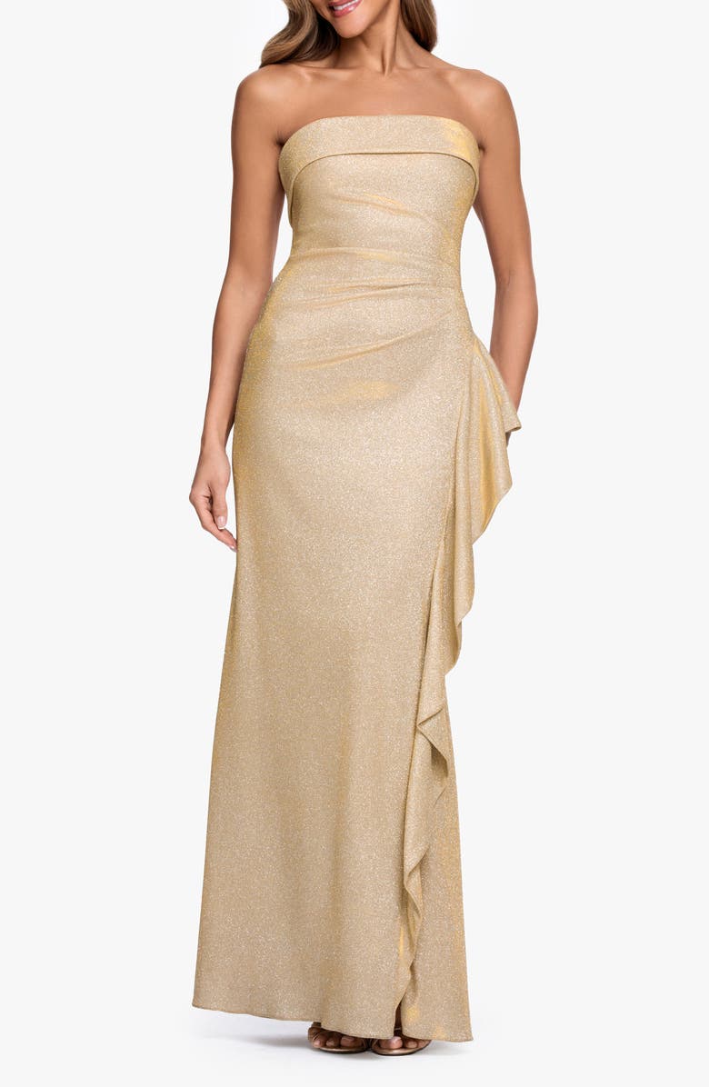 Xscape Evenings Galaxy Glitter Strapless Ruffle Gown, Main, color, Gold/ Silver