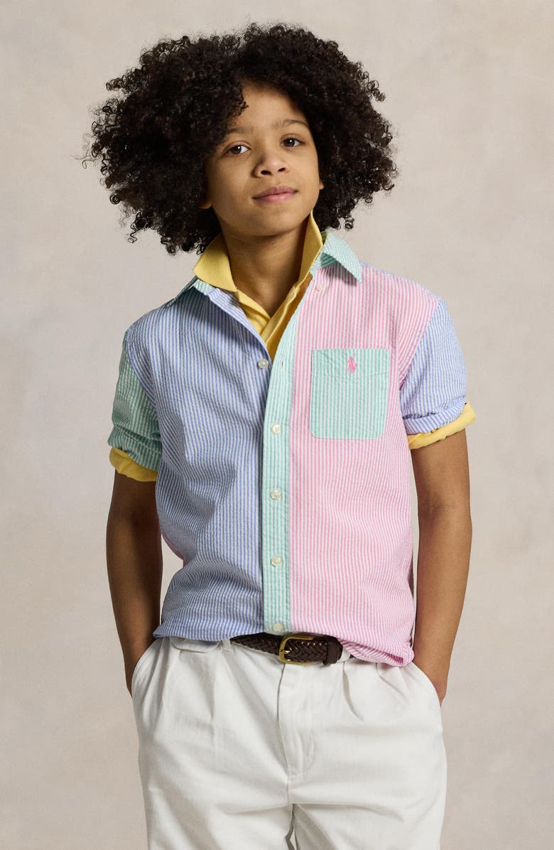 Polo Ralph Lauren Kids' Mismatched Stripe Short Sleeve Seersucker Button-Down Shirt, Alternate, color, 