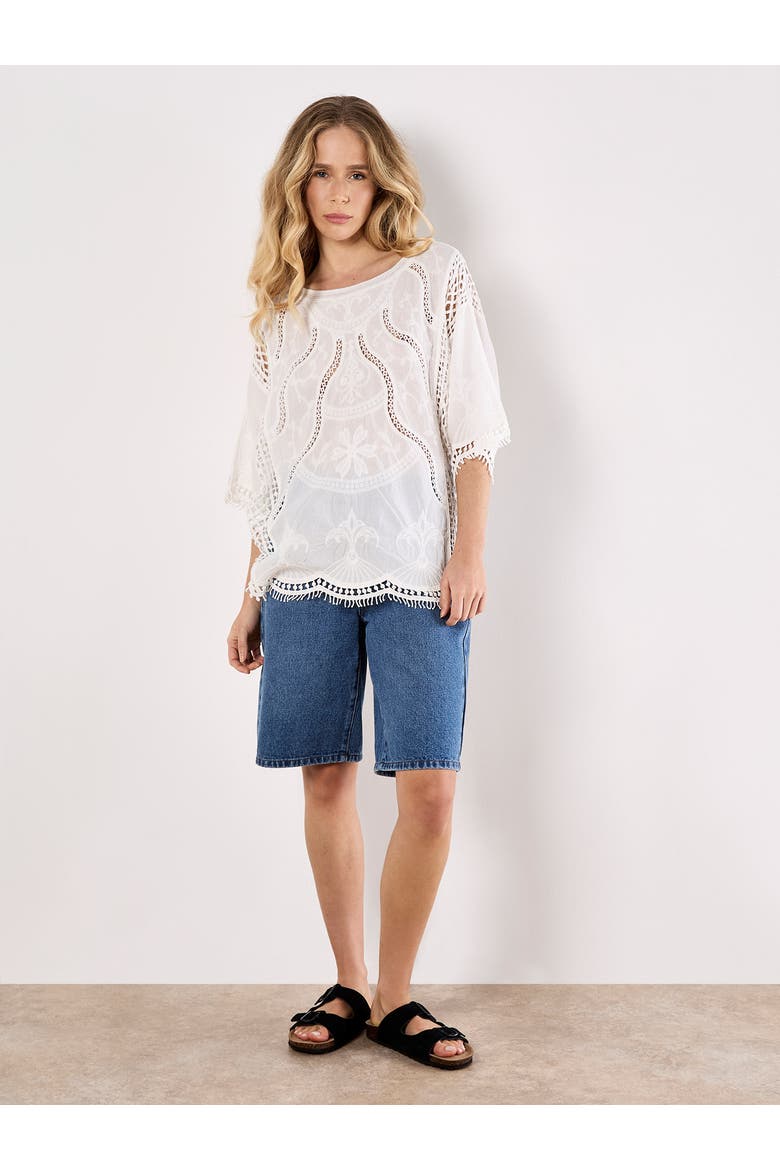 Cotton Round Neck Crochet Top, Alternate, color, White