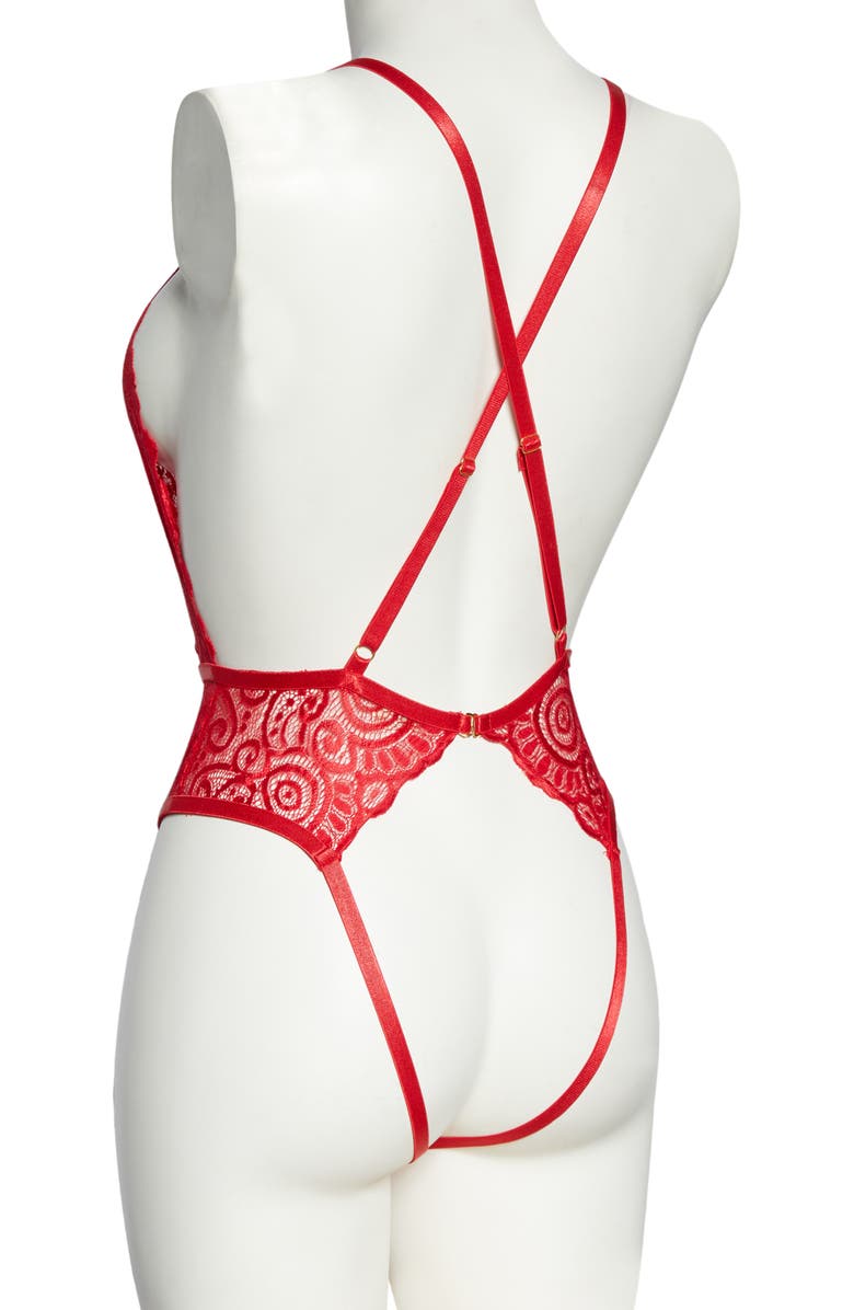 Roma Confidential Plunge Lace Open Gusset Teddy, Alternate, color, Red