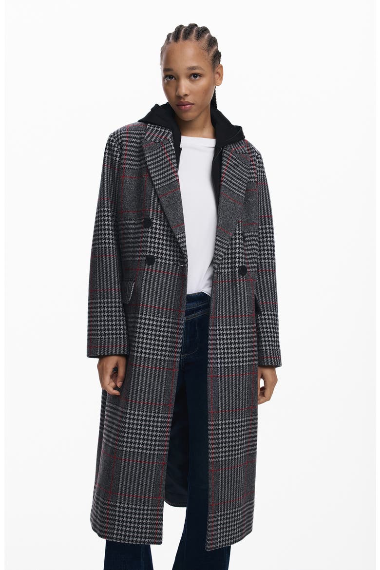 Tartan Plaid Overcoat with Removable Hood Inset, Alternate, color, MEDIUM GRAY