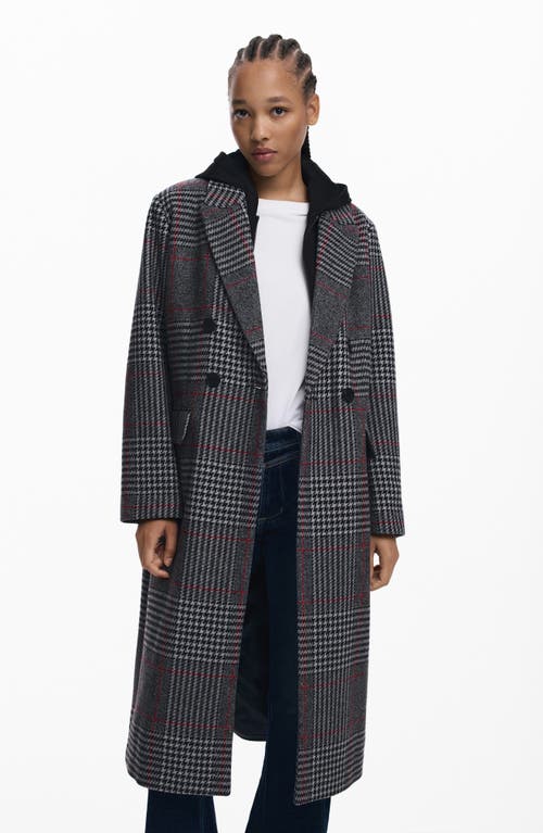 Desigual Tartan Plaid Overcoat With Removable Hood Inset In Gray