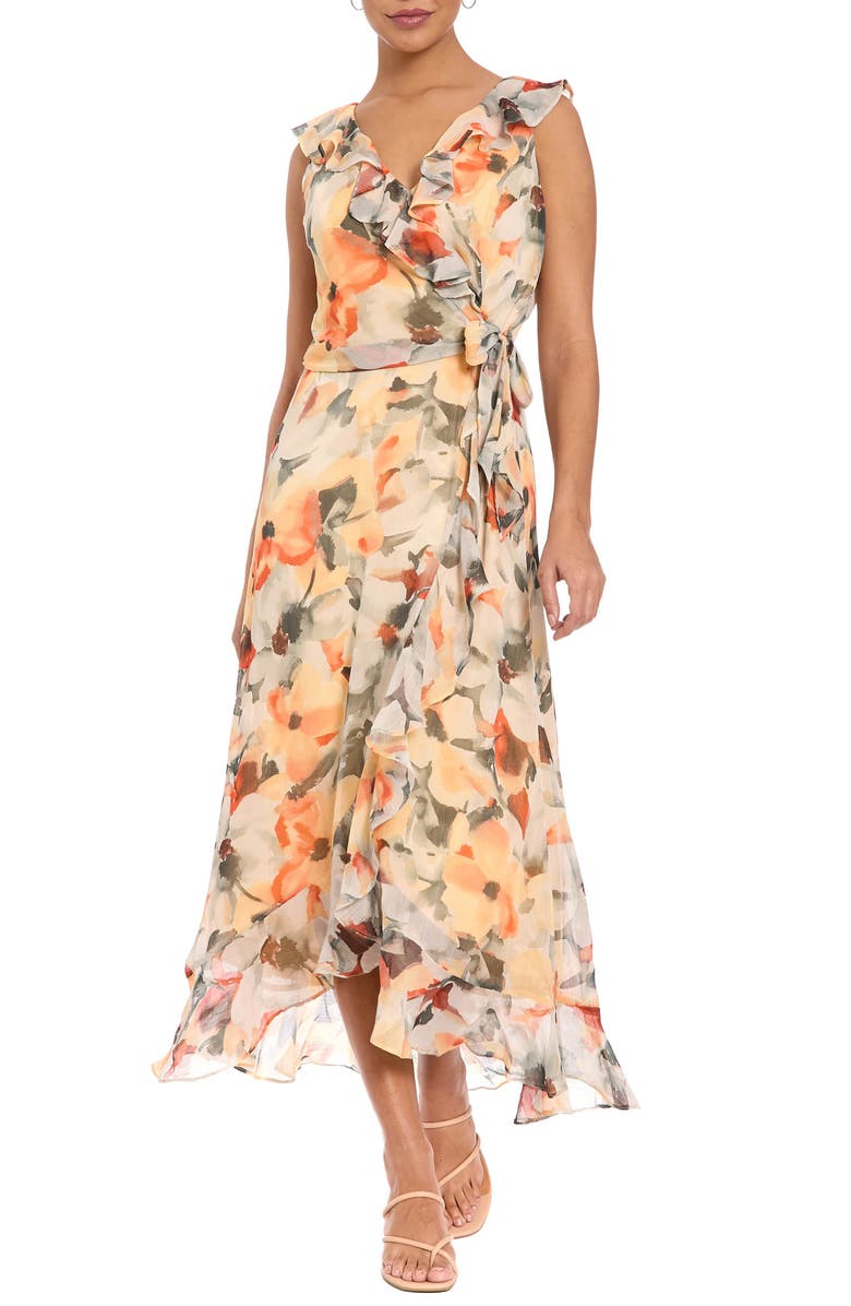 London Times Ruffle Faux Wrap Midi Dress, Main, color,