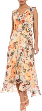 London Times Ruffle Faux Wrap Midi Dress