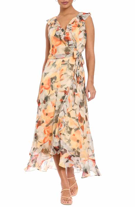 London Times Ruffle Faux Wrap Midi Dress