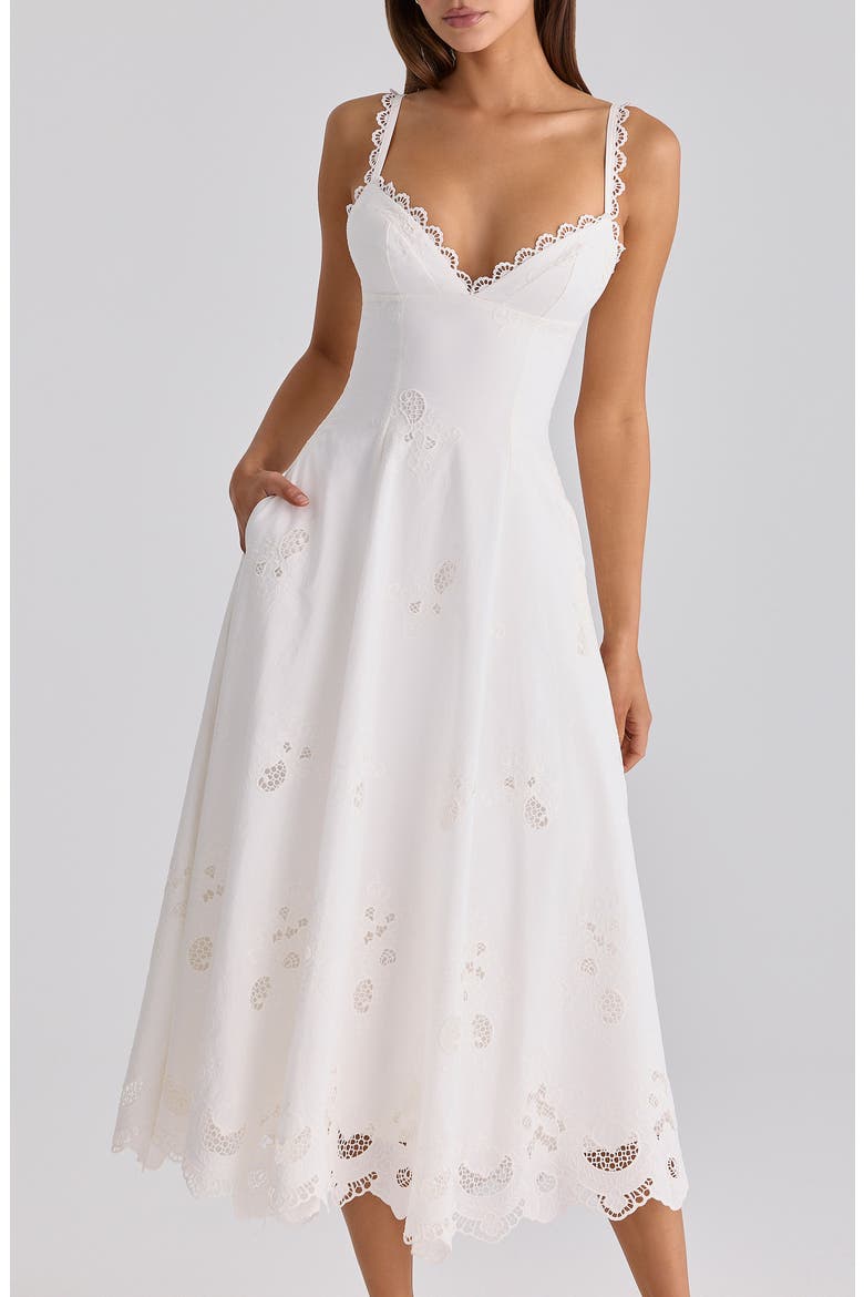 Tatiana Broderie Midi Dress, Alternate, color, WHITE