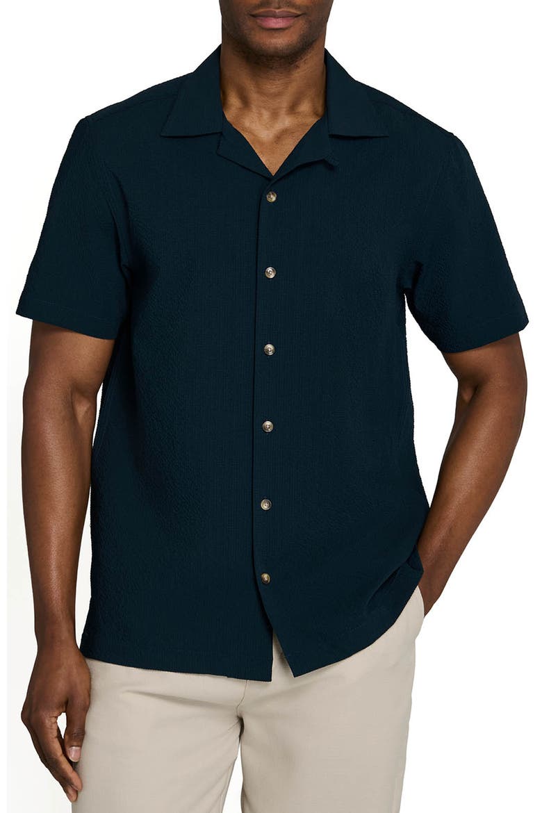 Solid Myrtle Short Sleeve Seersucker Camp Shirt, Main, color, NAVY