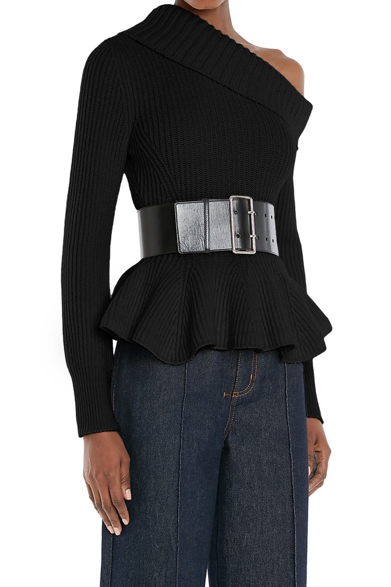 One-Shoulder Turtleneck Peplum Sweater, Alternate, color, BLACK