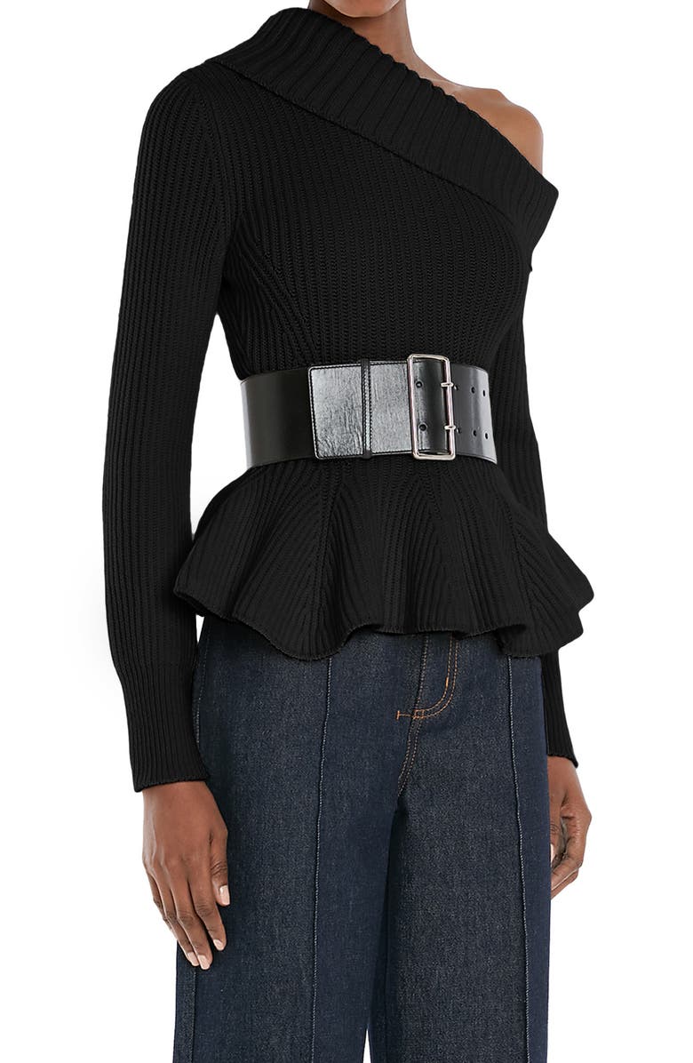 McQueen One-Shoulder Turtleneck Peplum Sweater, Alternate, color,