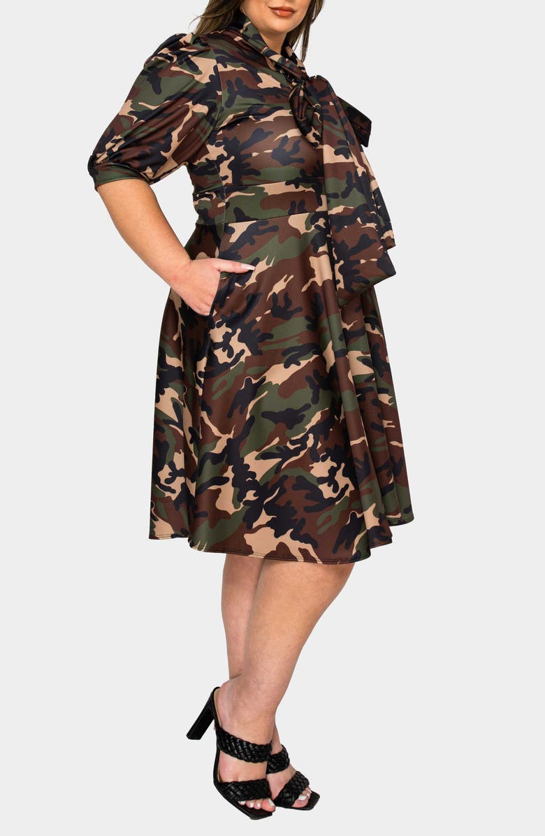 L I V D Outlaw Camo Tie Neck Flare Dress, Alternate, color, 