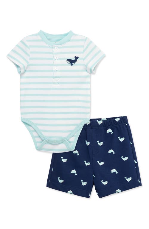 LITTLE ME LITTLE ME STRIPE WHALE EMBROIDERED COTTON BODYSUIT & SHORTS SET