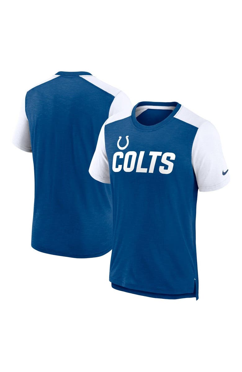 Nike Men's Nike White/Heather Royal Indianapolis Colts Color Block Team Name T-Shirt, Main, color, Heather Royal