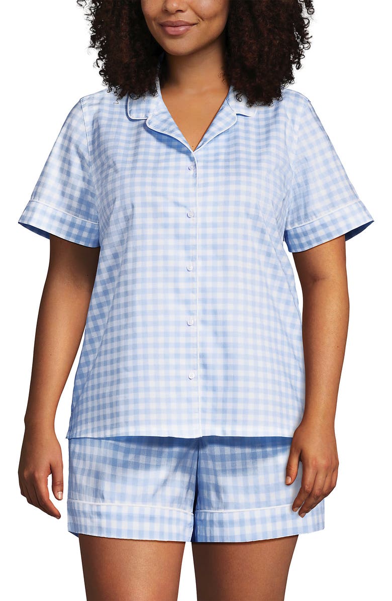 Lands' End Plus Size Cotton Poplin 2 Piece Pajama Set - Short Sleeve Top and Shorts, Main, color, Misty Blue Gingham