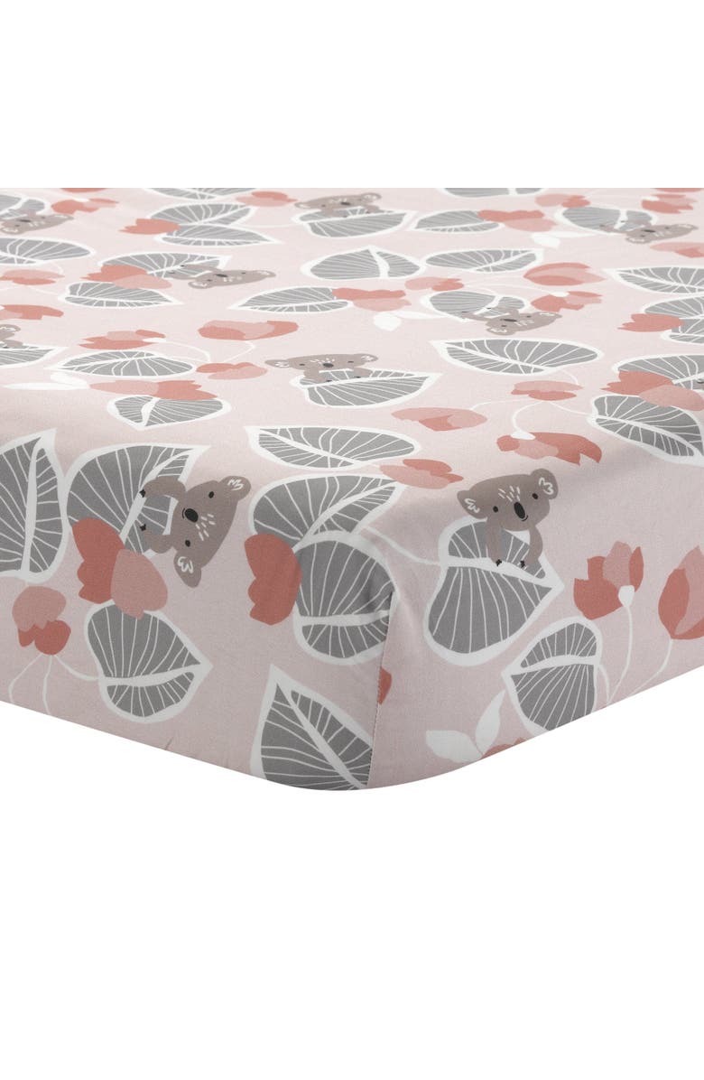 Lambs & Ivy Calypso Koala with Leaf Print 100% Cotton Fitted Crib Sheet, Main, color, Pink