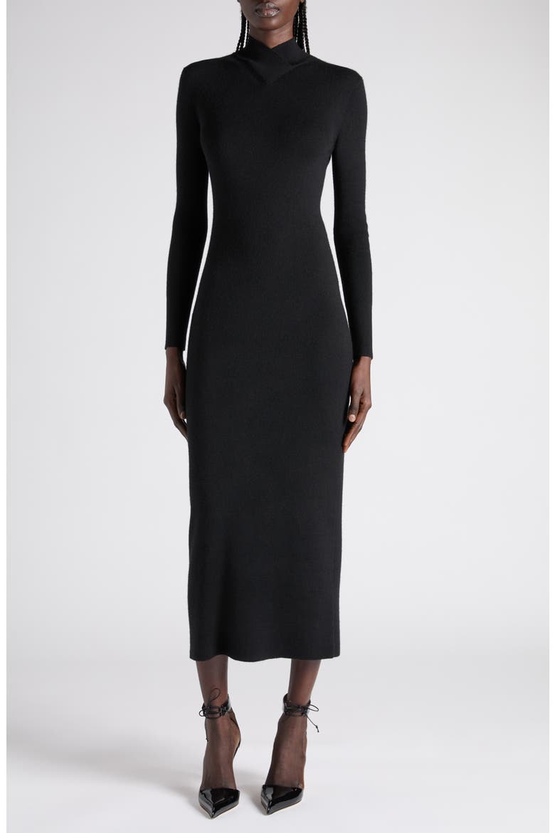 Long Sleeve Fine Stretch Merino Wool Midi Sweater Dress, Main, color, LB999 BLACK
