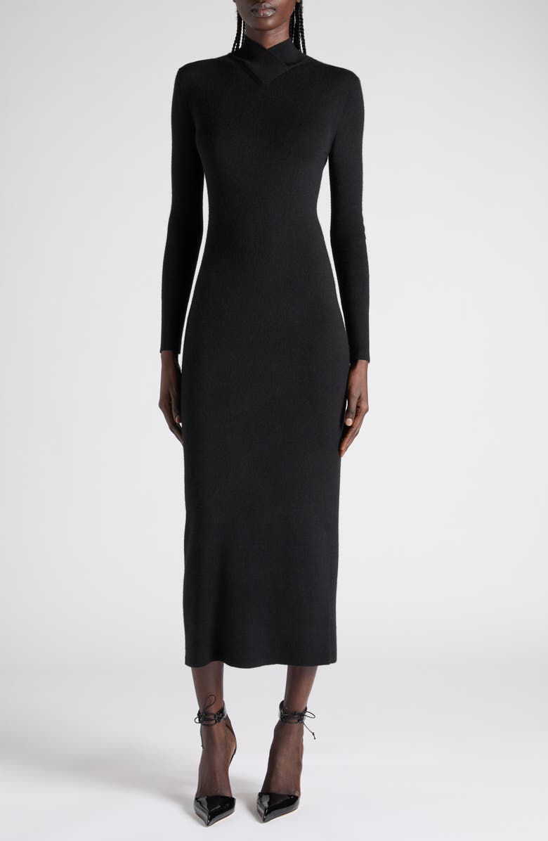 TOM FORD Long Sleeve Fine Stretch Merino Wool Midi Sweater Dress, Main, color, Lb999 Black