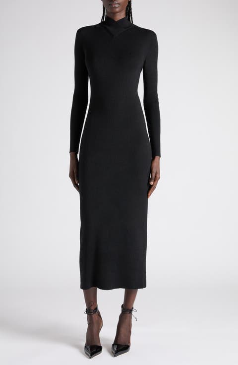 Long Sleeve Fine Stretch Merino Wool Midi Sweater Dress
