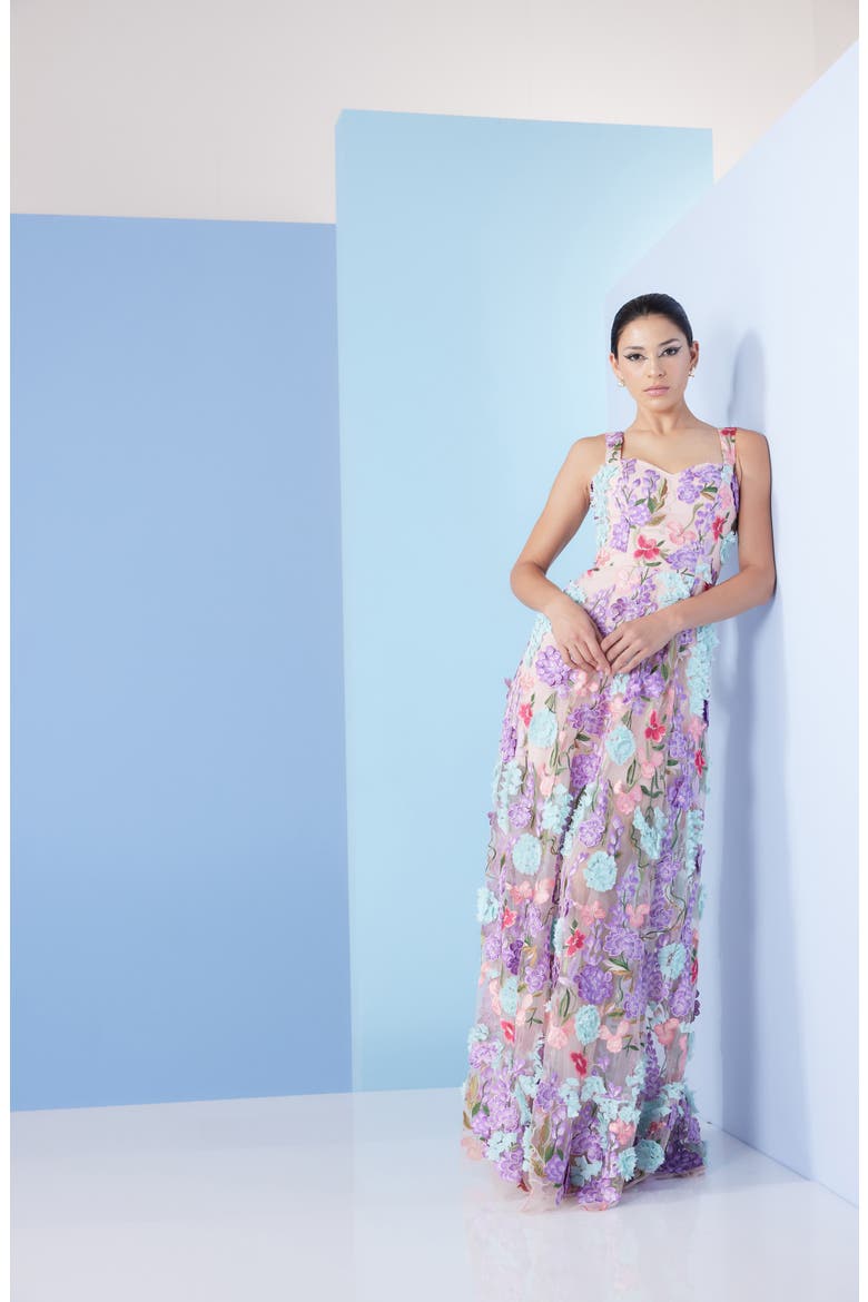 Anabel Floral Appliqué Chiffon Gown, Alternate, color, BLUSH MULTI