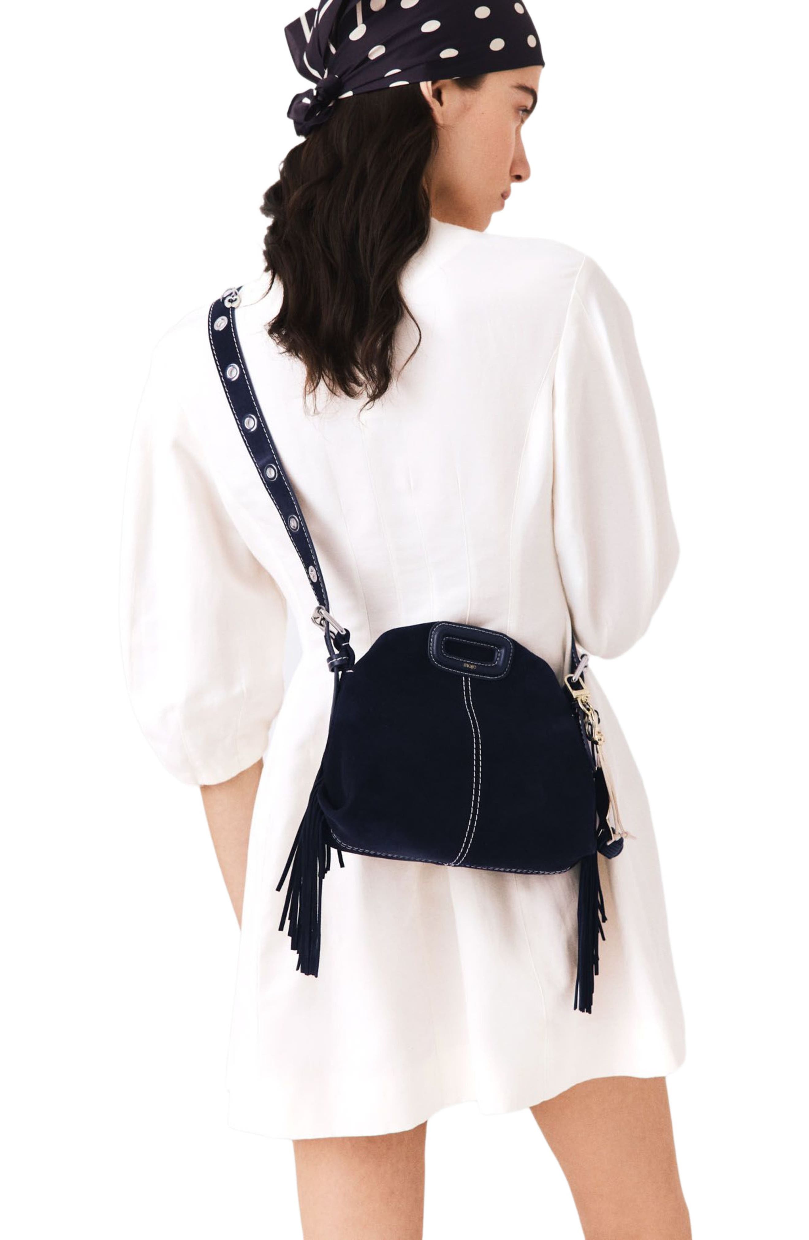 maje Topstitched suede mini Miss M bag, Alternate, color, Marine Blue
