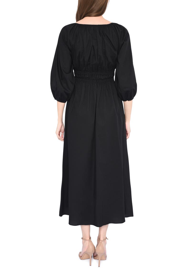 Veronica Ruched Puff Elbow Sleeve Midi Dress, Alternate, color, BLACK