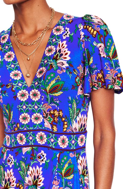 Boden Ellie Floral Print Flutter Sleeve Dress In Blue Multi