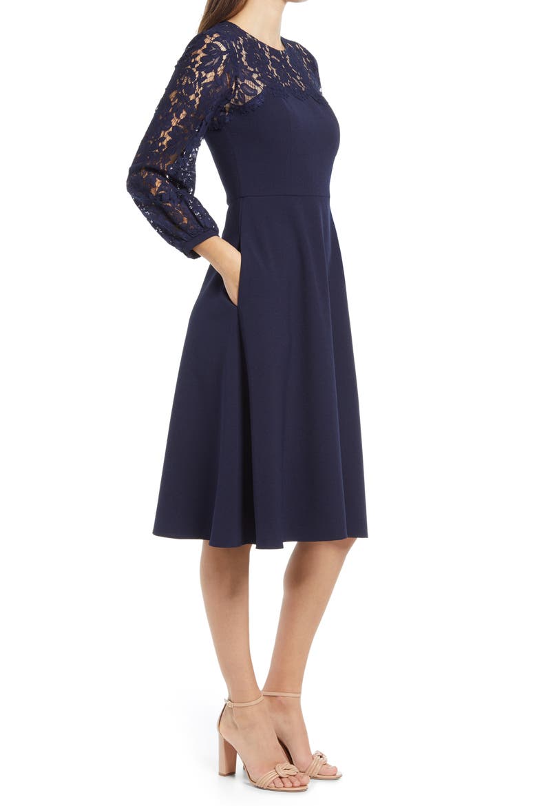 Lace Long Sleeve Midi Dress, Alternate, color, NAVY