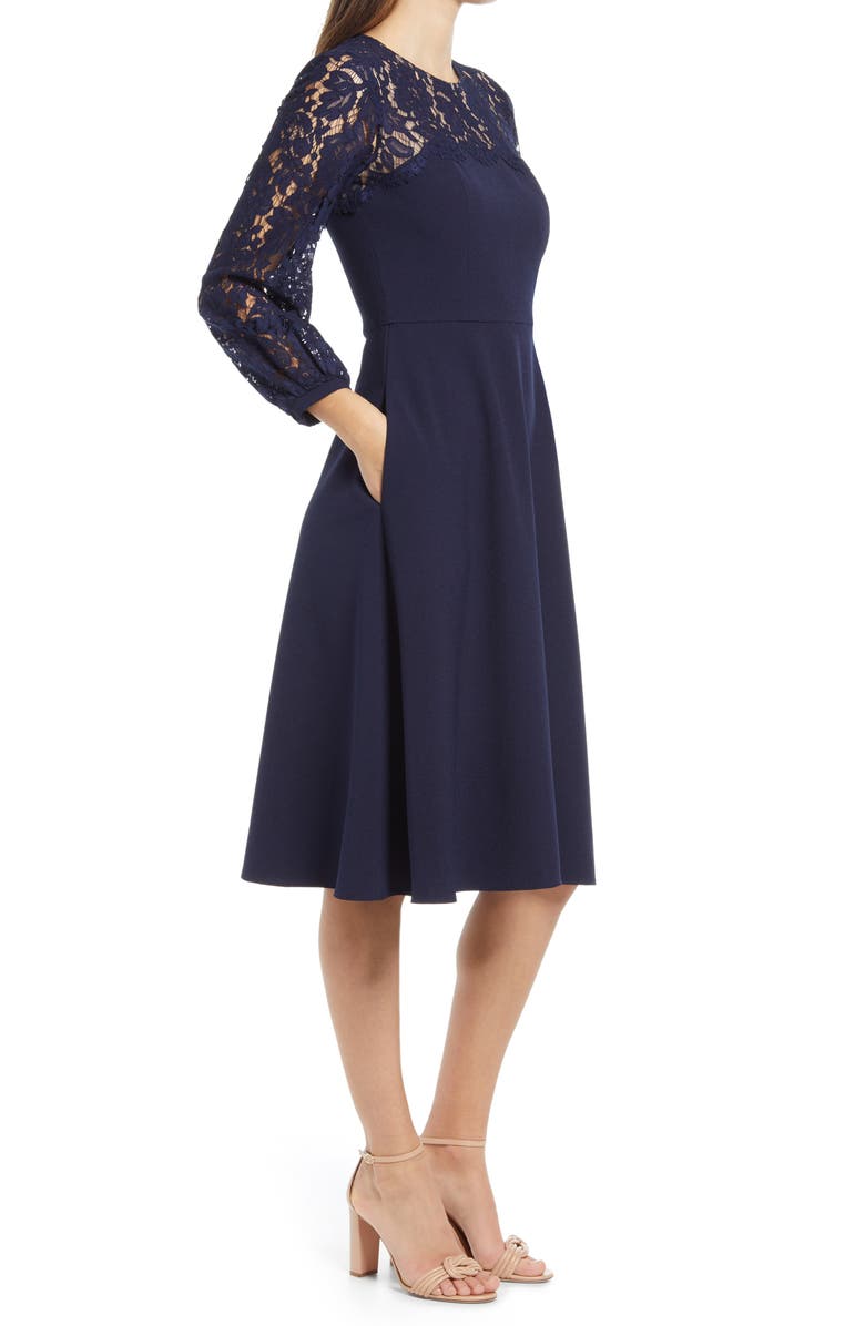 Eliza J Lace Long Sleeve Midi Dress, Alternate, color, Navy