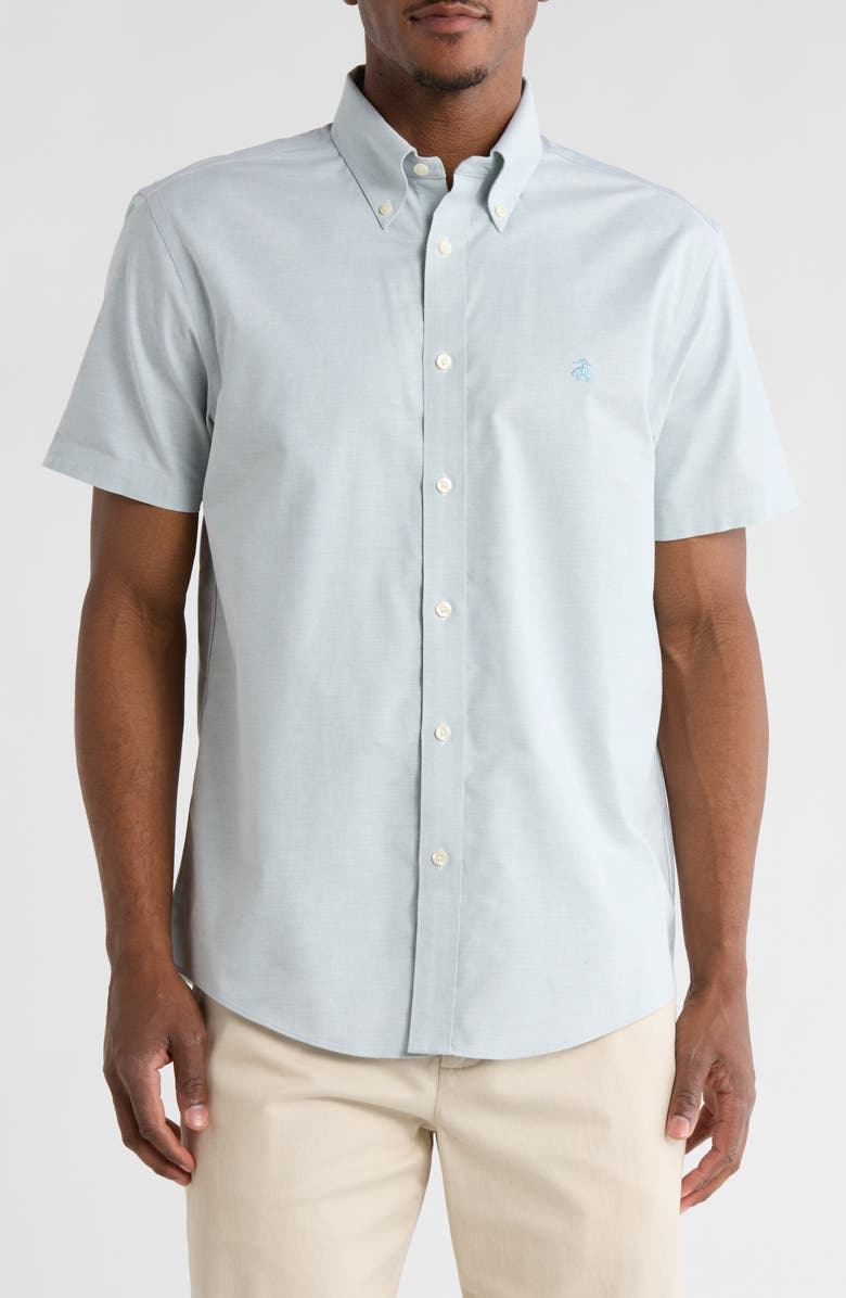 Brooks Brothers Regular Fit Non-Iron Stretch Oxford Short Sleeve Button-Down Shirt, Main, color, Arctic Solid