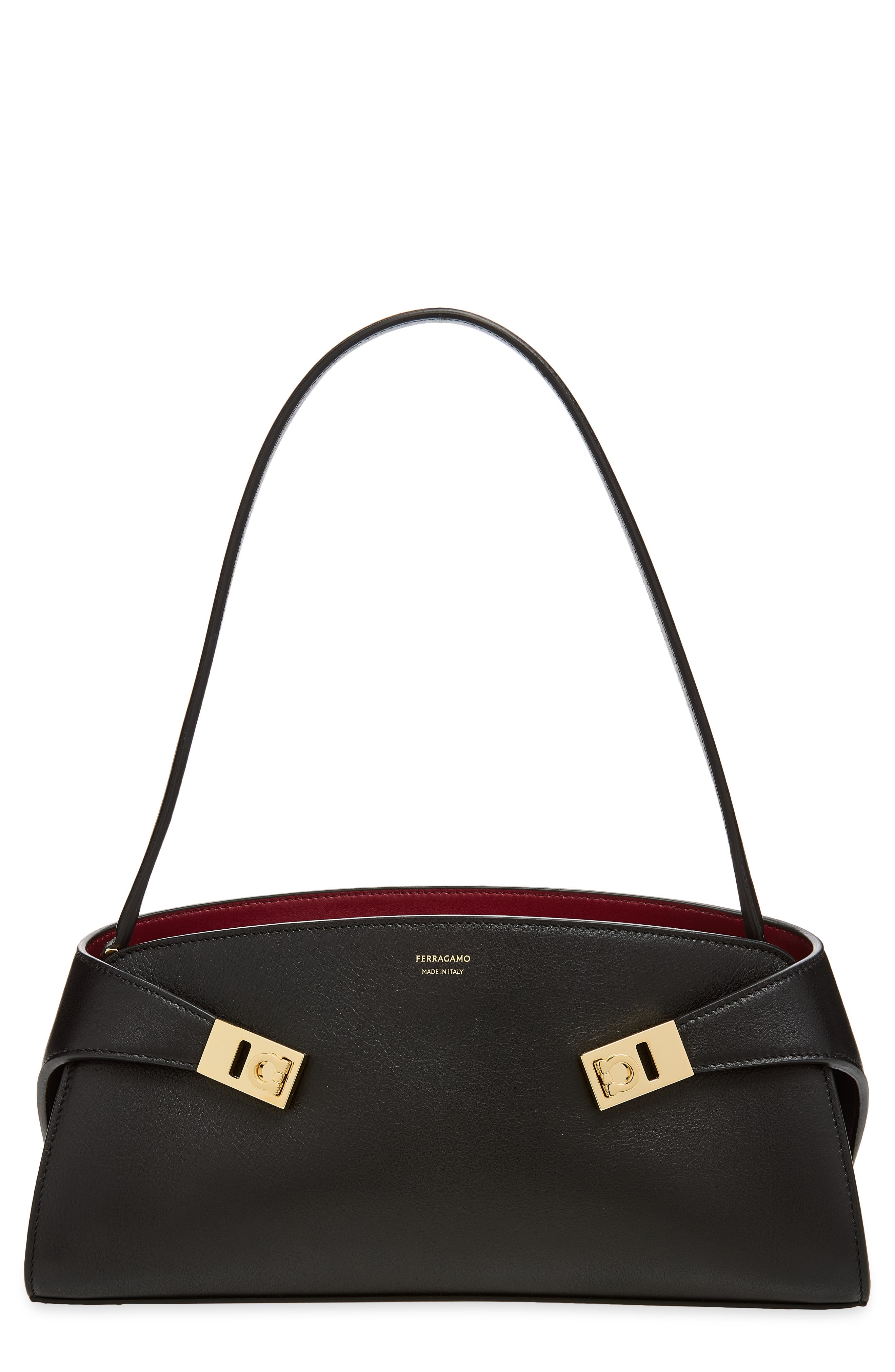 FERRAGAMO Hug Leather East/West Shoulder Bag, Main, color, Nero Borgogna