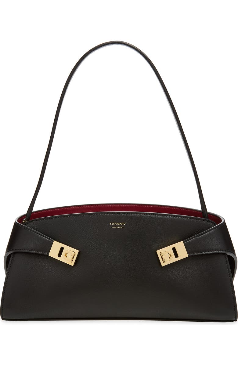FERRAGAMO Hug Leather East/West Shoulder Bag, Main, color, Nero Borgogna