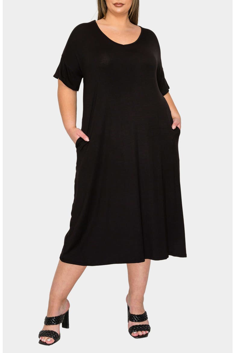 Olivia Short Sleeve Midi Dress, Main, color, BLACK