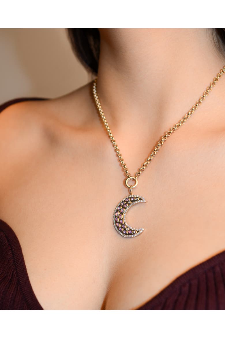 14K Gold Måneskin Pink Sapphire Moon Charm Rolo Necklace, Alternate, color, GOLD