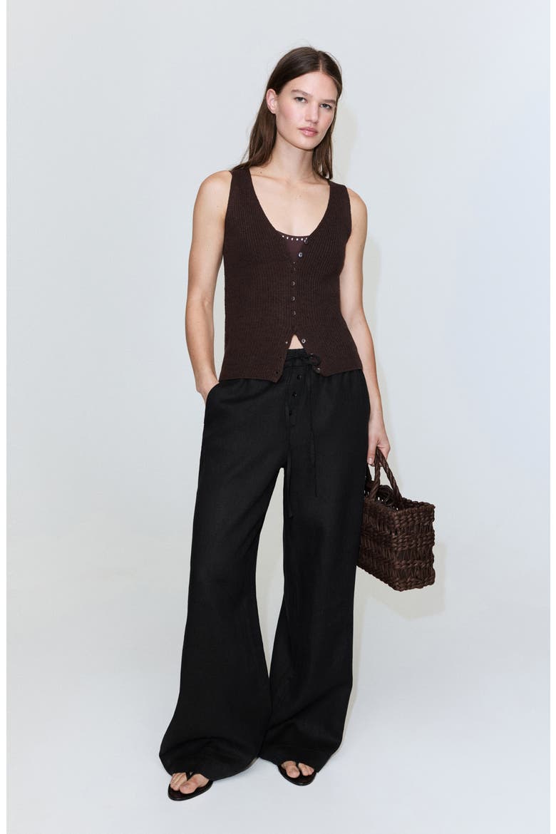 Wide Leg Button Detail Linen Pants, Alternate, color, BLACK