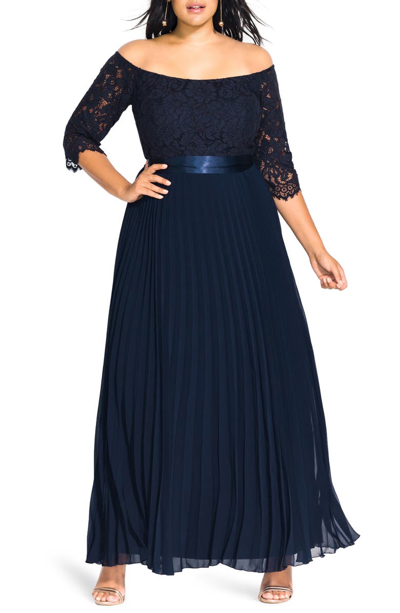City Chic Intriguing Lace Bodice Off the Shoulder Maxi Dress, Main, color, 