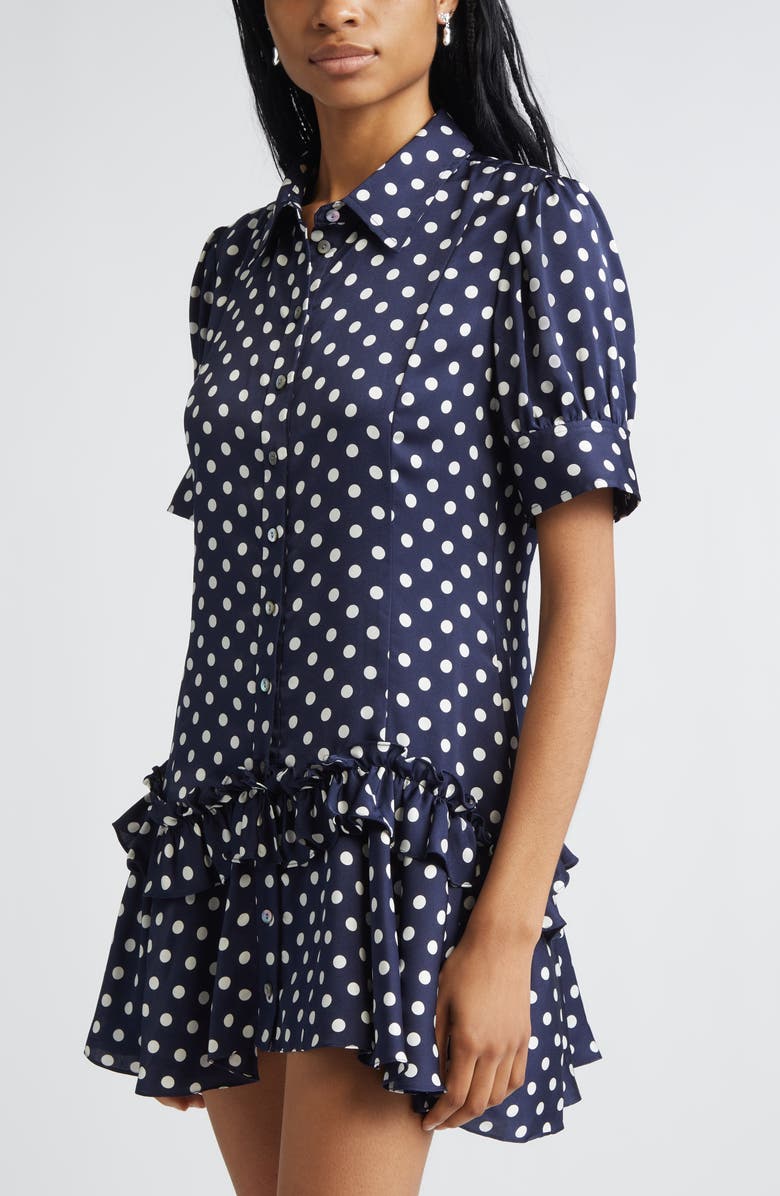 Sandy Liang Snood Polka Dot Tiered Satin Shirtdress, Alternate, color, Navy Multi