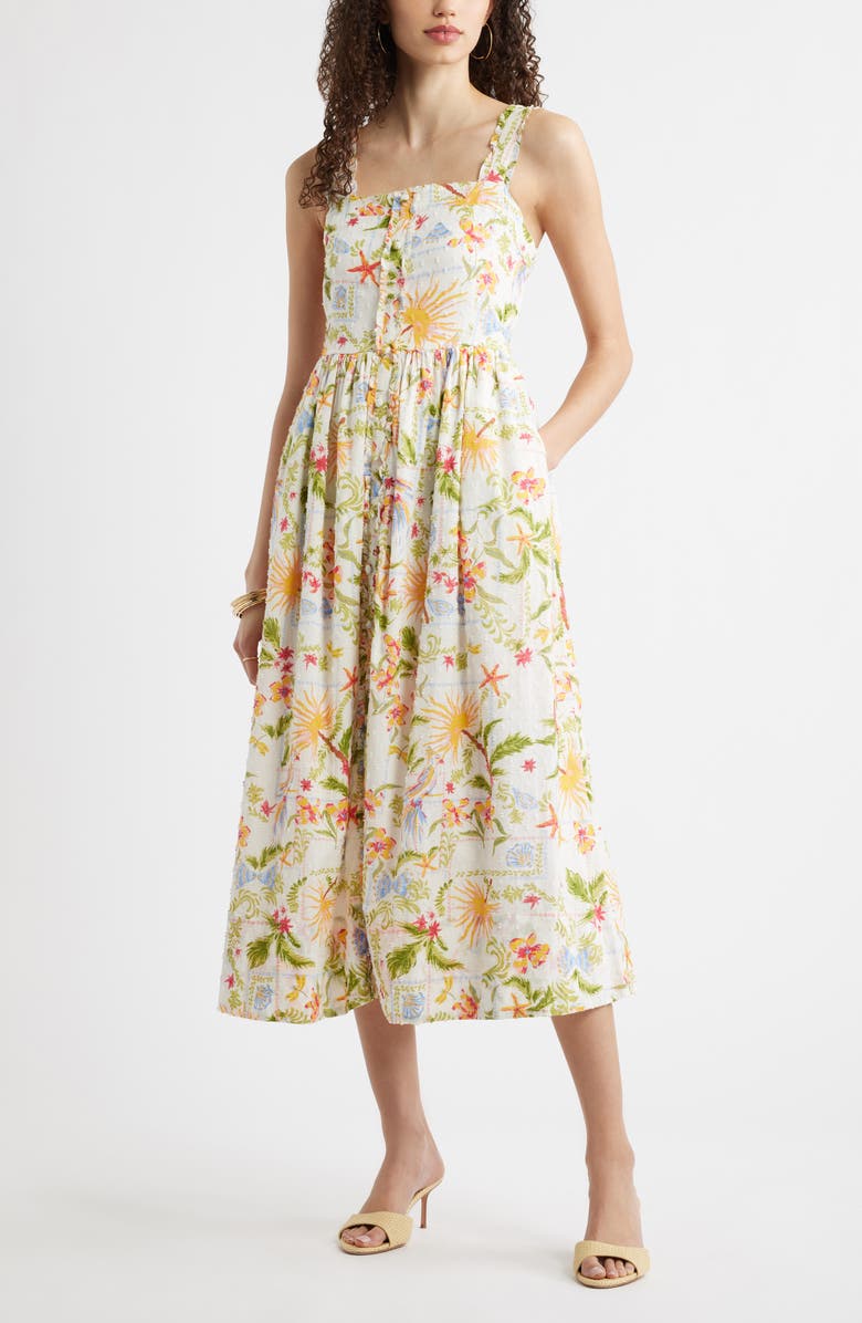 Chelsea28 Embroidered Print Sleeveless Midi Dress, Main, color, Ivory- Red Vida Solpatch