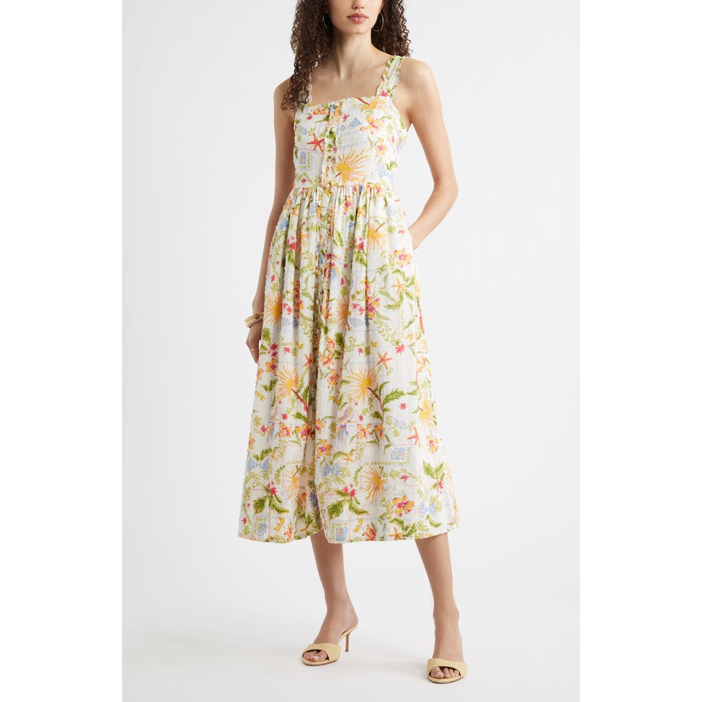 Chelsea28 Embroidered Print Sleeveless Midi Dress in Ivory- Red Vida Solpatch at Nordstrom, Size Large