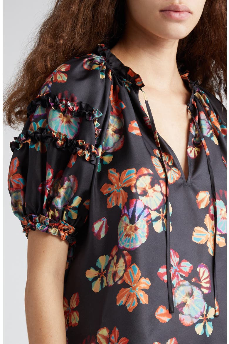 Annabelle Floral Print Puff Sleeve Silk Top, Alternate, color, LUNE