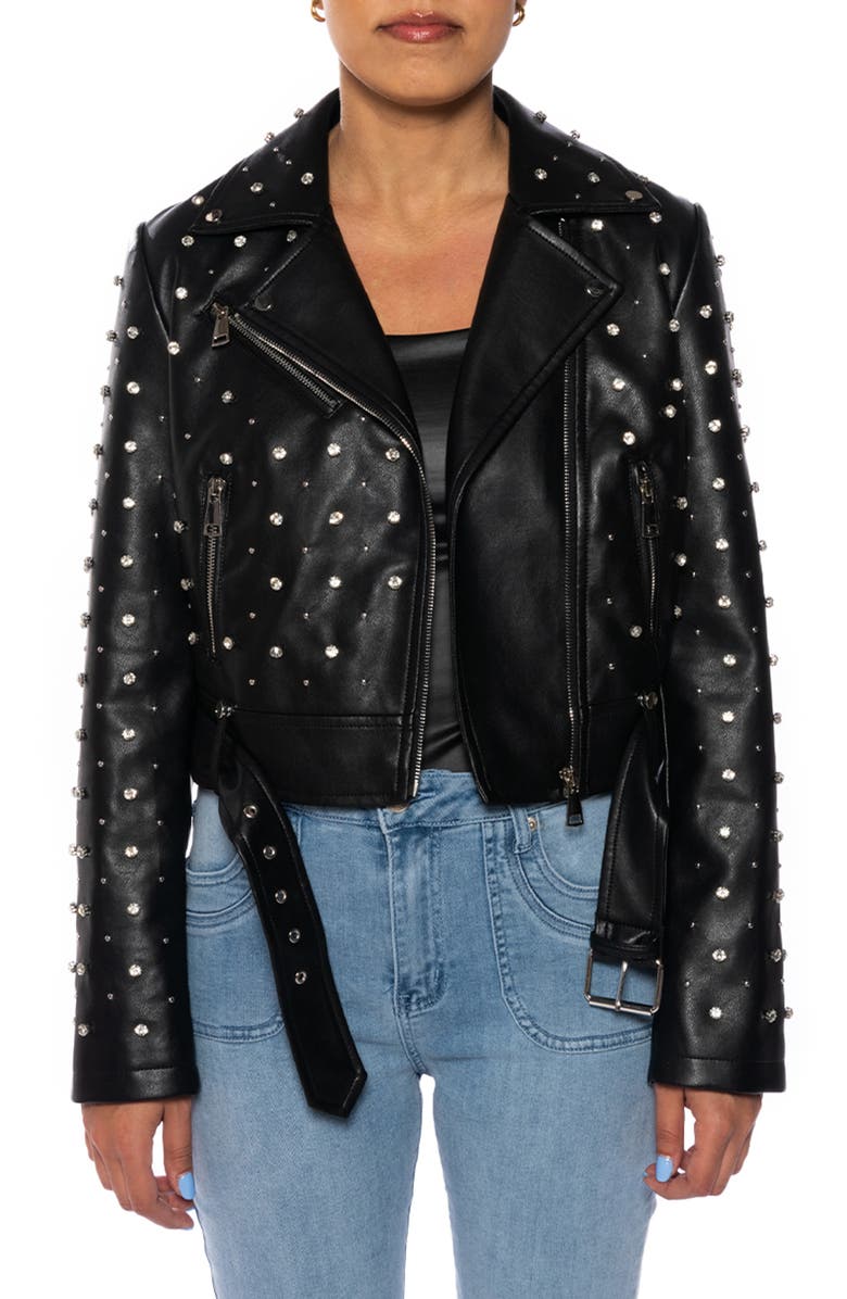 AZALEA WANG Rhinestone Faux Leather Moto Jacket, Main, color,