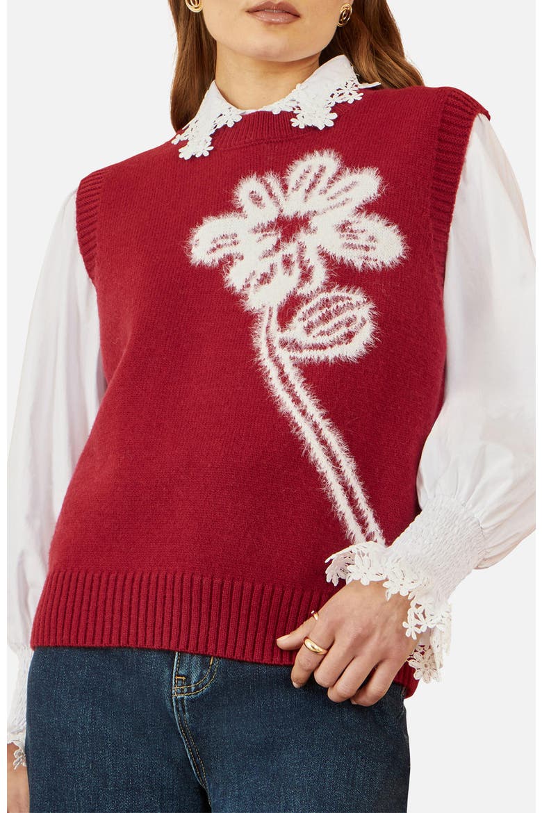 Knitted Flower Sleeveless Sweater Vest, Alternate, color, Burgundy