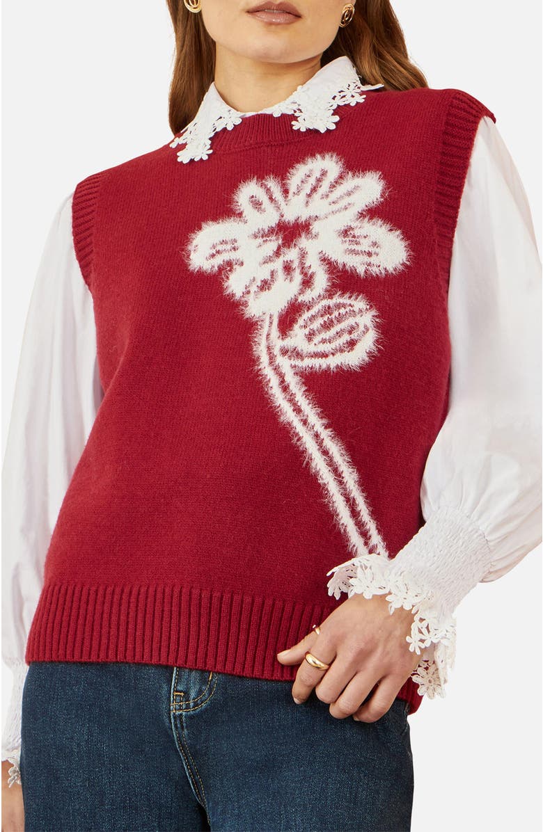 Yumi Knitted Flower Sleeveless Sweater Vest, Alternate, color, Burgundy