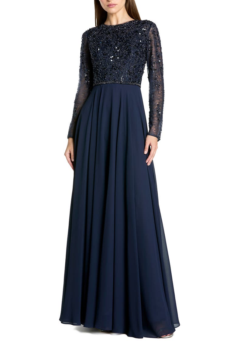 Embellished Lace Long Sleeve Gown With Chiffon Skirt, Main, color, Midnight