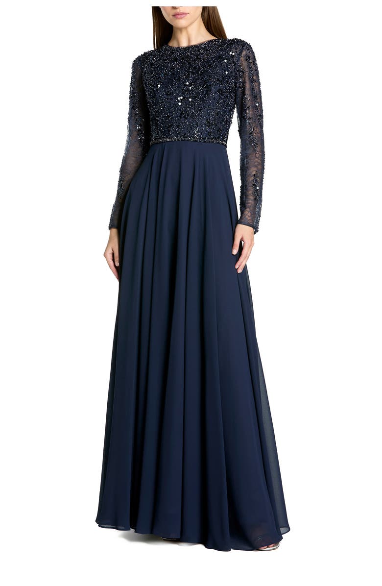 Mac Duggal Embellished Lace Long Sleeve Gown With Chiffon Skirt, Main, color, Midnight