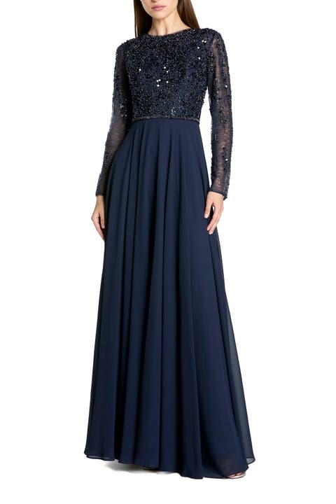 Embellished Lace Long Sleeve Gown With Chiffon Skirt
